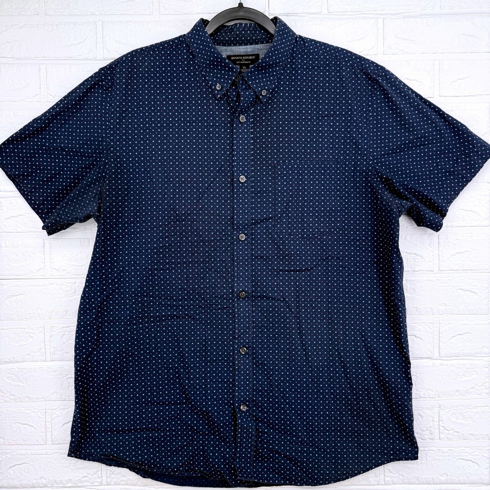 Banana Republic Button Down Mens XL Navy Blue Geometric Short Sleeve Slim Fit